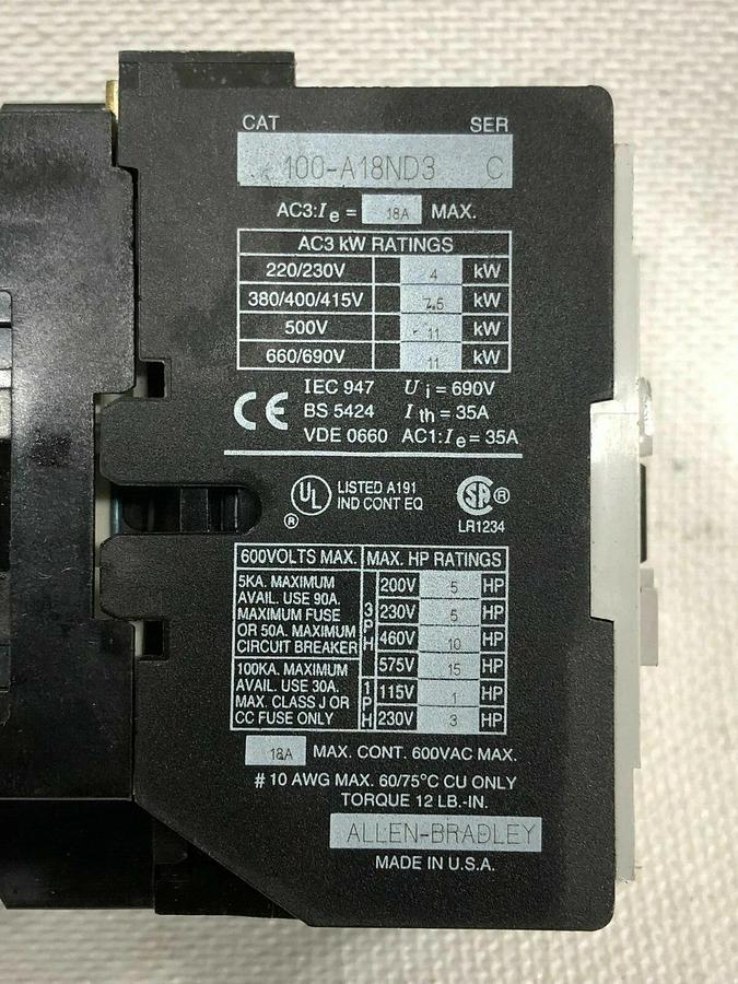 Used Allen Bradley 100-A18ND3 Series 3 Contactor