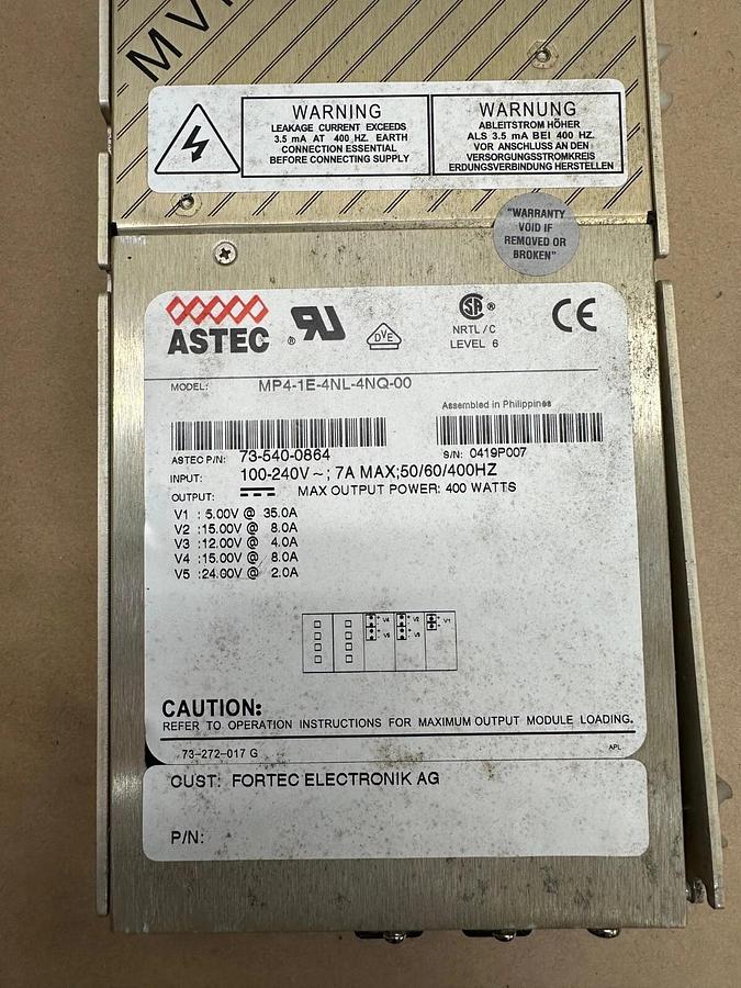 Used ASTEC MP4-1E-4NL-4NQ-00 Power Supply, Internal Fuse Input, 100-240V, 400Watts
