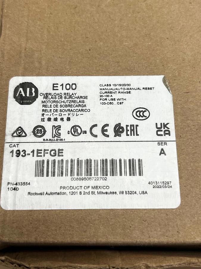 Used Allen Bradley 193-1EFGE Ser A Overload Relay 20-100A Range *NEW*
