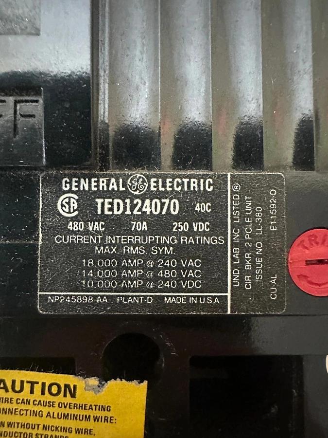 Used General Electric TED124070WL Circuit Breaker 70A *NEW*