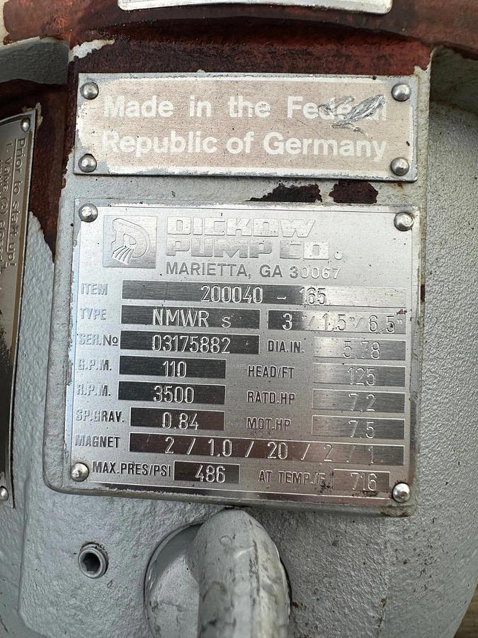 Used Dickow Pump Co. NMWRs 200040-165 RATD.Hp 7.2, MOT.Hp 7.5 Pump @ 3500RPM
