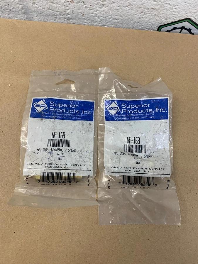 Used Superior Products Inc N-168 NP 350 1/4 NPTM 2.5" LNG Inlet Nipple (Lot of 2)