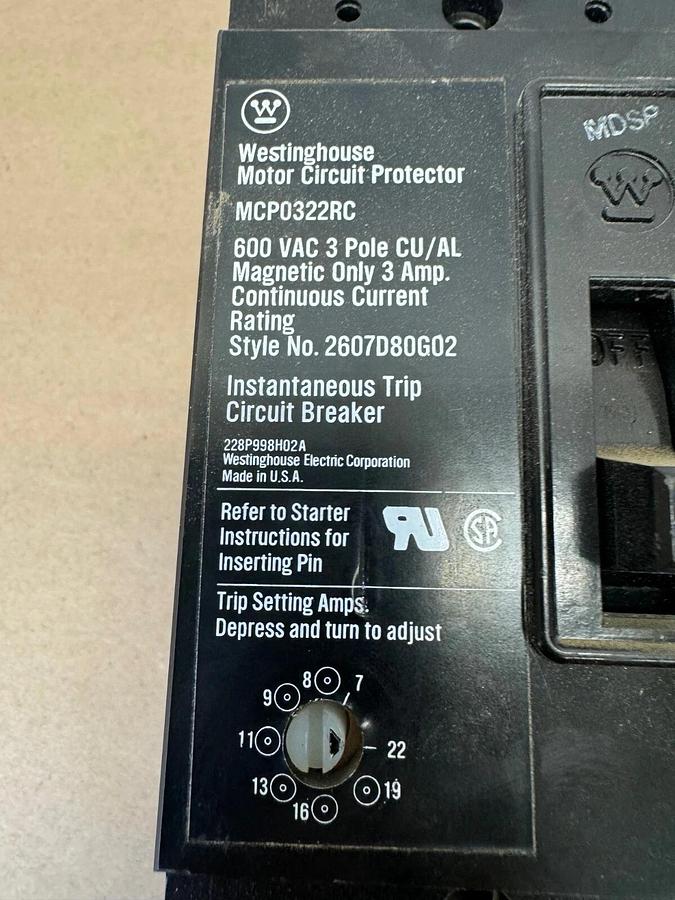 Used Westinghouse MCP0322RC Circuit Protector, 3 Amp, 3 Pole, 600 VAC