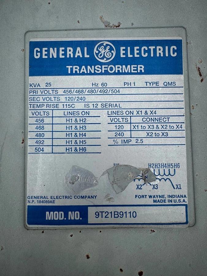 Used General Electric 9T21B9110 Transformer, 25 kVA, 456/468/480/492/504V, 1Ph, 60Hz