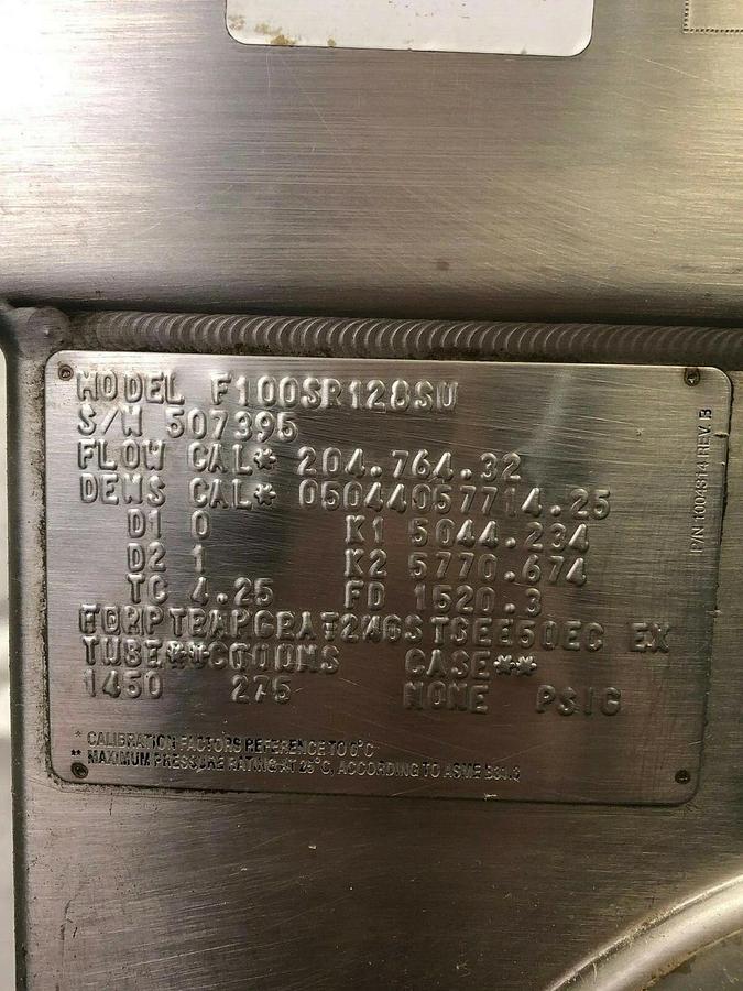 Used Micro Motion F100SR128SU, F Series Coriolanus Flow Meter, 1” Opening, 72 GPM