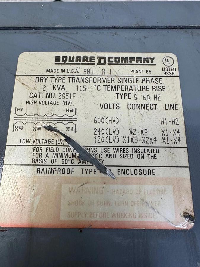 Used Square D 2S51F 2 kVA Dry Type Transformer, Single Phase, Rainproof Enclosure