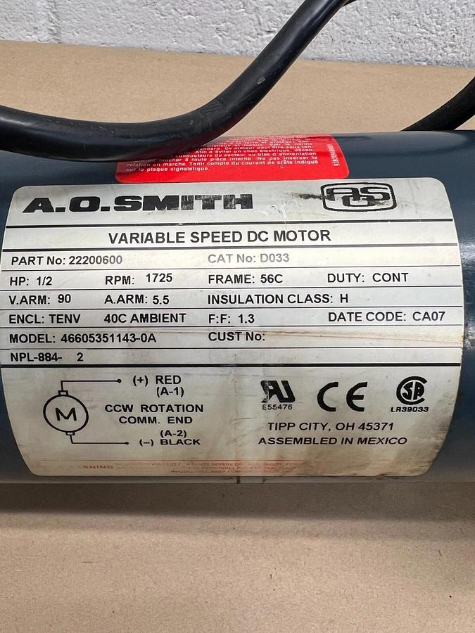 Used A.O. Smith Variable Speed Reducer 22200600, 46605351143-0A Winsmith Gear Reducer