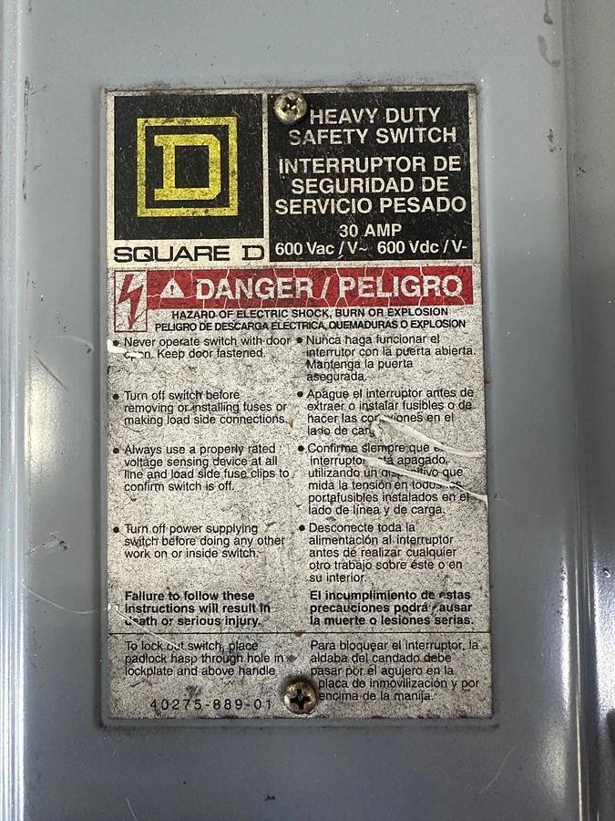 Used Square D HU361AWK Heavy Duty Safety Switch, 30A, 600VAC