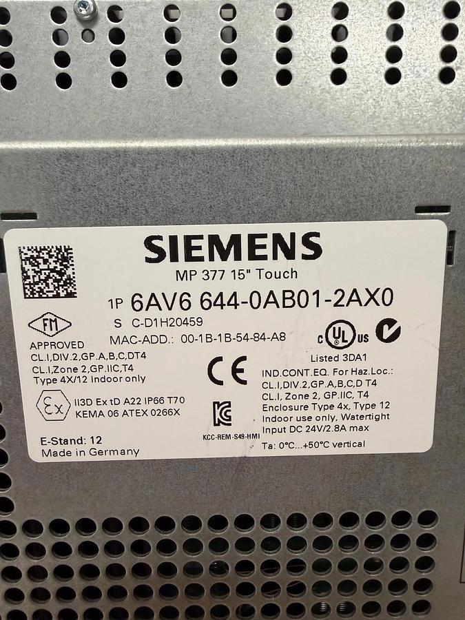 Used Siemens 6AV6 644-0AB01-2AX0 SIMATIC MP 377 15” Touch Panel