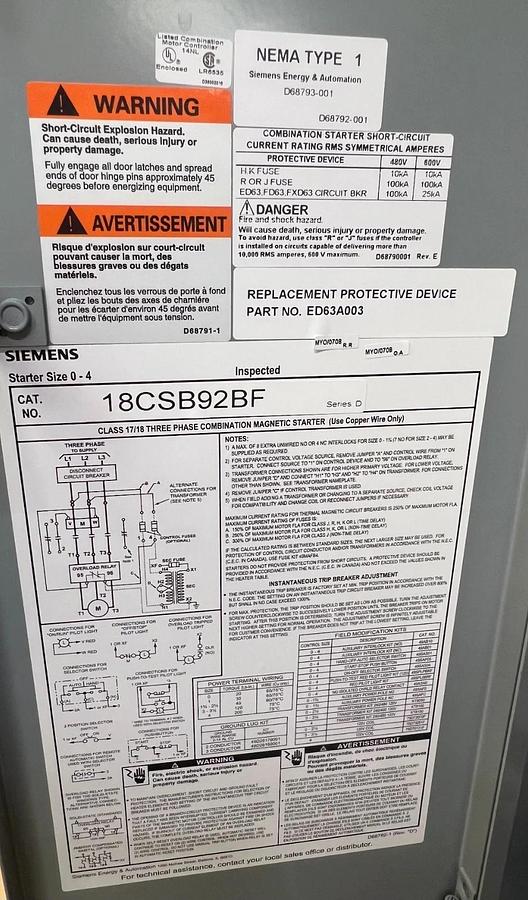Used Siemens 18CSB92BF Combination Motor Starter, 600V, 3PH