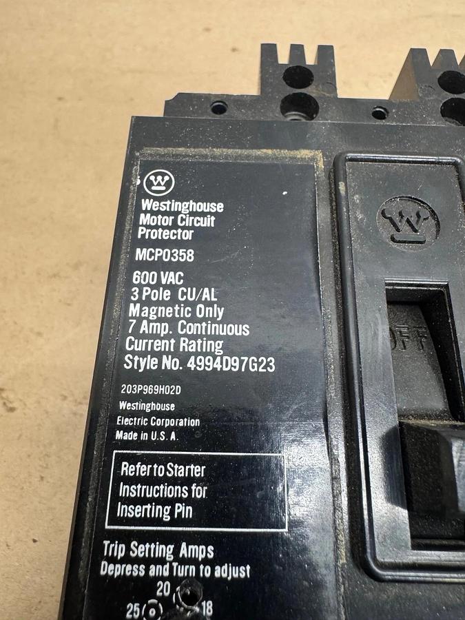 Used Westinghouse Motor Circuit Protector MCP0358, 7A, 3 Pole, 600 VAC