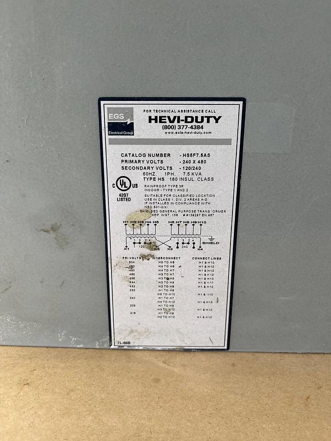 Used EGS Electrical HS5F7.5AS HEVI-DUTY 7.5KVA 1 Ph 60Hz Pri: 240/480 Sec: 120/240