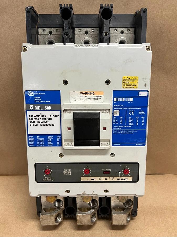 Used Cutler-Hammer MDL3800F 800A Max, 3 Pole 600VAC Ser C Industrial Circuit Breaker
