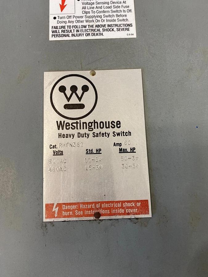 Used Westinghouse RHFN362 Safety Switch 3R Enclosure Rainproof 60 Amp/600V