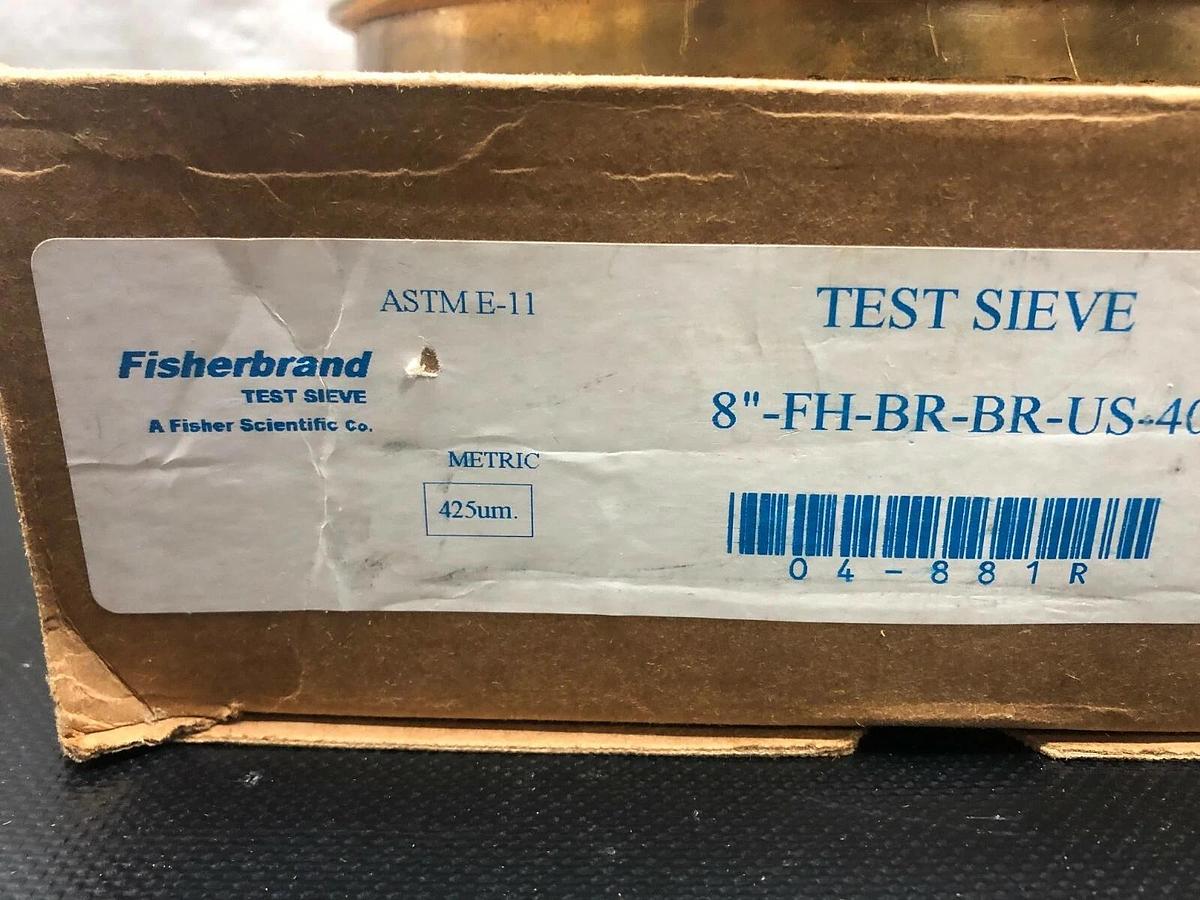 Used Fisher Scientific Brass Test Sieve, No. 40, Pore Size: 425 um, 8” Diameter