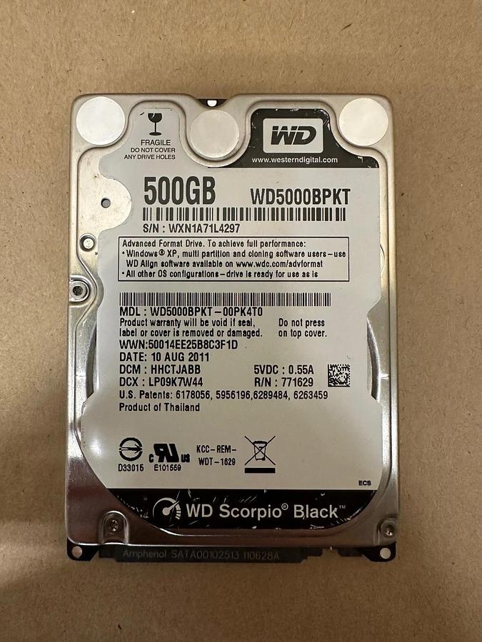 Used Western Digital WD5000BPKT-00PK4T0 Scorpio Black 500GB 2.5” SATA Hard Drive