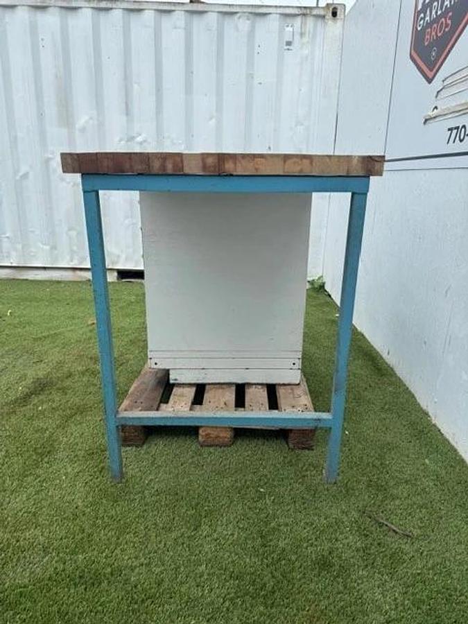 Used Stanley Vidmar 60” x 30” Butcher Top Desk, 5-Drawer Cabinet 30” x 28” Cabinet