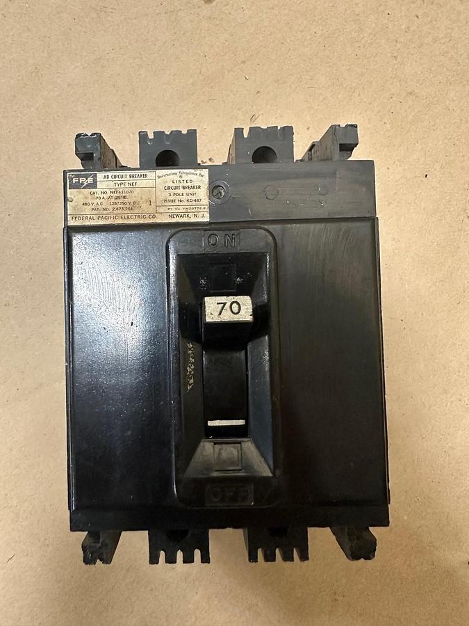 Used Federal Pacific Electric Company NEF431070 70A 3 Pole Circuit Breaker