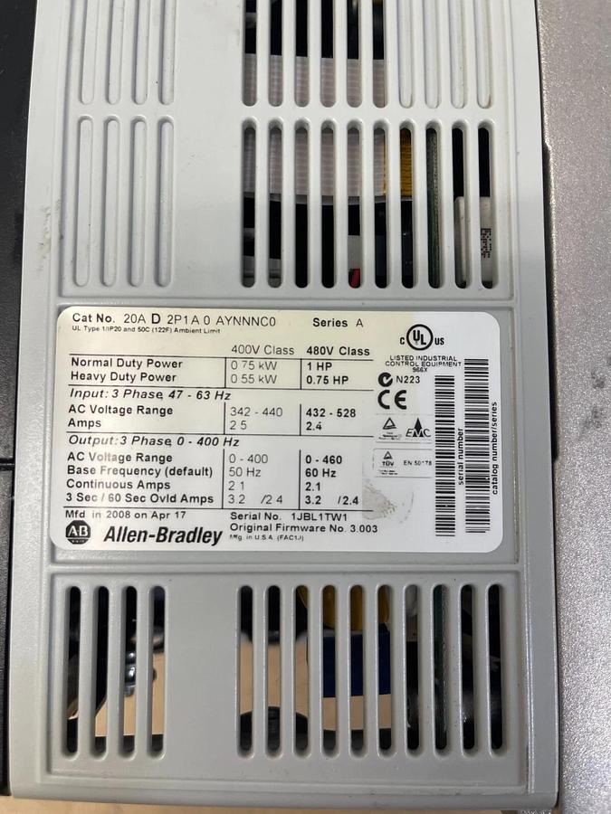 Used Allen Bradley 20 A 2P1A0 AYNNNC0 Power Flex 70, 1 HP, 480V, w/o Wire Holder