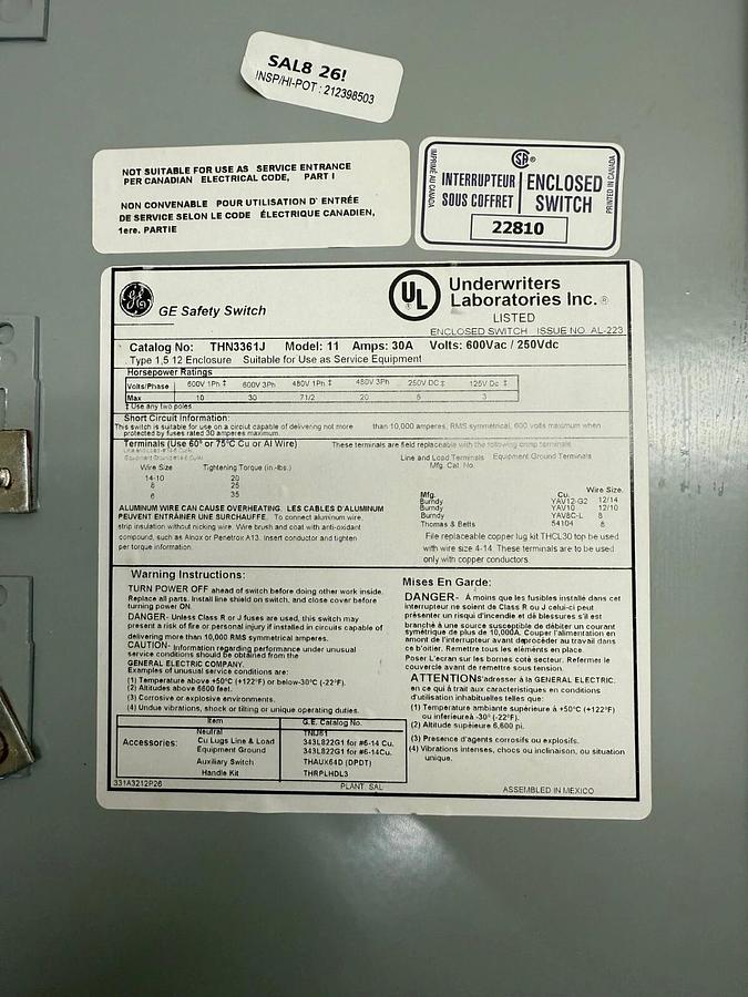 Used General Electric THN3361J Heavy Duty Safety Switch, 30 A, 600 VAC, 30 Hp