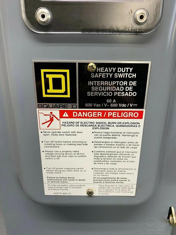 Used Square D HU362RB Heavy Duty Safety Switch, 60 AMP, 600 VAC