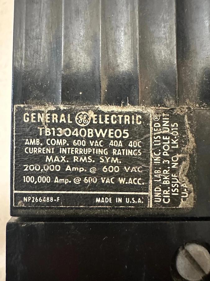 Used General Electric TB13040BWE05 40A 3 Pole Circuit Breaker