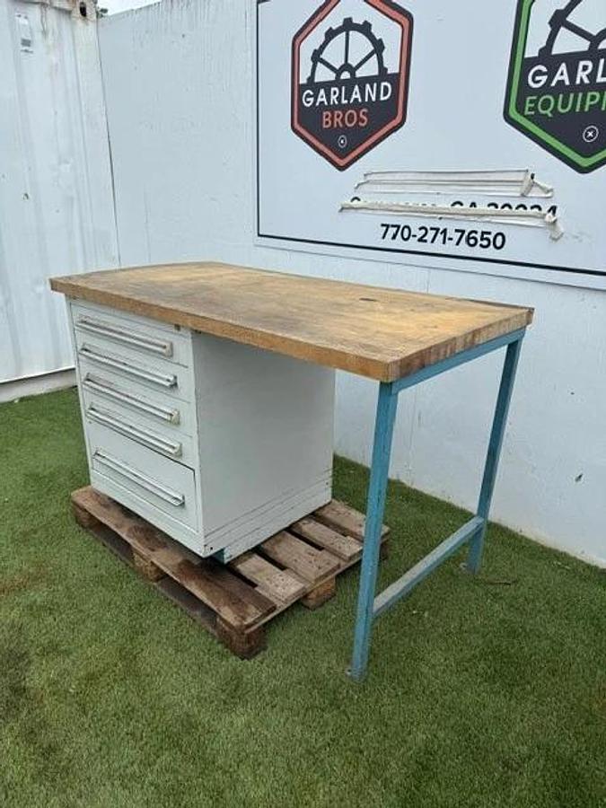Used Stanley Vidmar 60” x 30” Butcher Top Desk, 5-Drawer Cabinet 30” x 28” Cabinet
