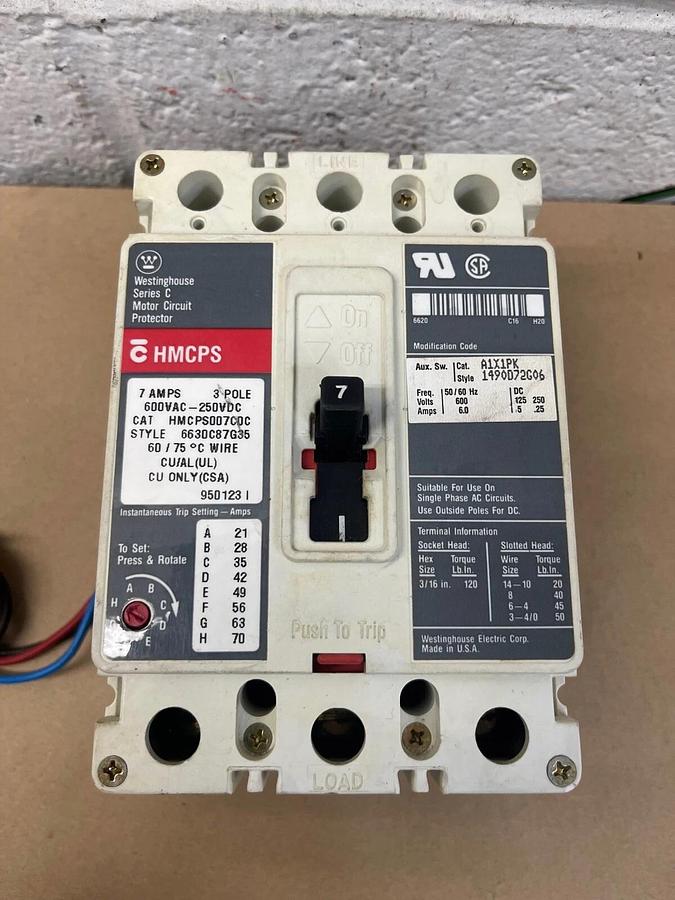 Westinghouse Cutler Hammer HMCPS007C0C, A1X1PK, 7 Amp, 3-pole