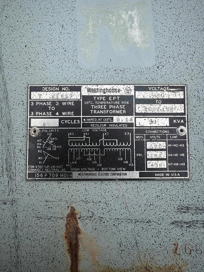 Used Westinghouse 6E997 Transformer, 30 kVA, 208-120/460V, Type EPT