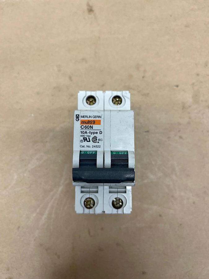 Used Merlin Gerin 24522 Circuit Breaker, Multi9 C60N, 10A Type D, 480 VAC