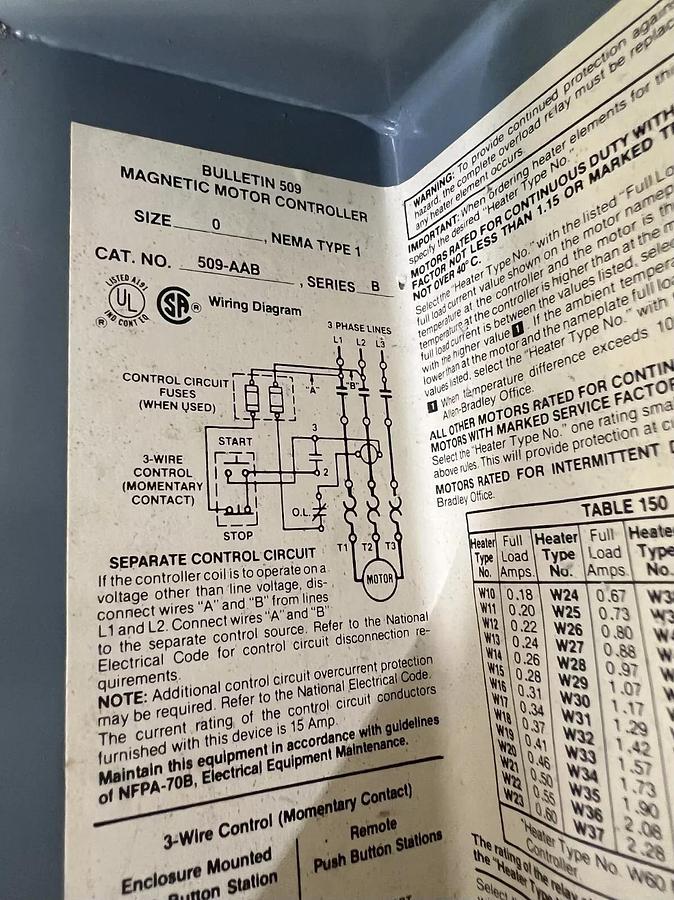 Used Allen Bradley 509-AAB Bulletin 509 Magnetic Motor Controller Size 0 NEMA type 1