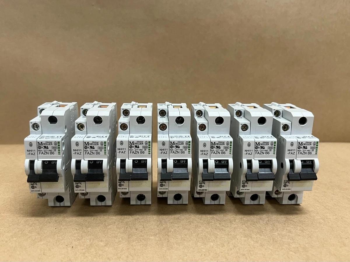 Used Moeller FAZN B6 6A Miniature Circuit Breaker w/ Aux. Contact Block - Lot of 7