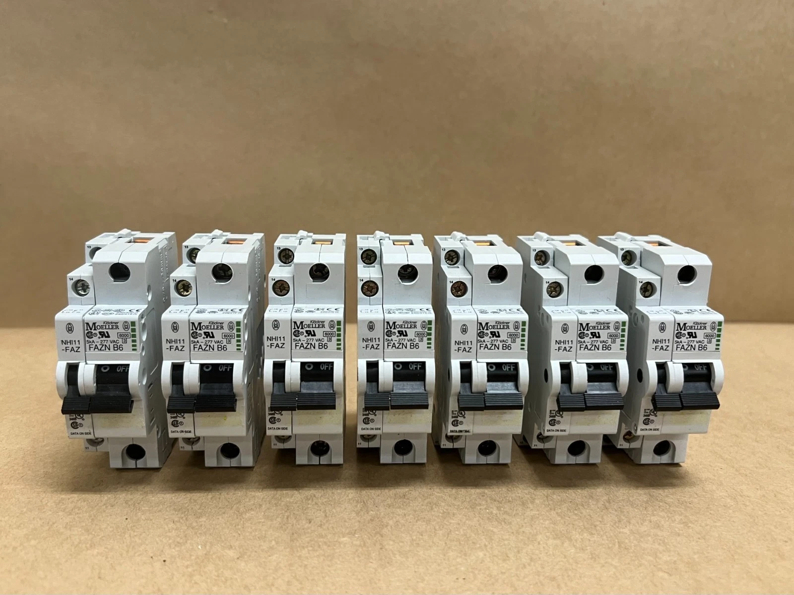 Used Moeller FAZN B6 6A Miniature Circuit Breaker w/ Aux. Contact Block - Lot of 7