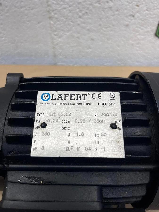 Used Lafert LM 63 L2 Motor Pump Assembly, 0.24 kW, 3500 RPM w/ Fluid-O-Tech Pump