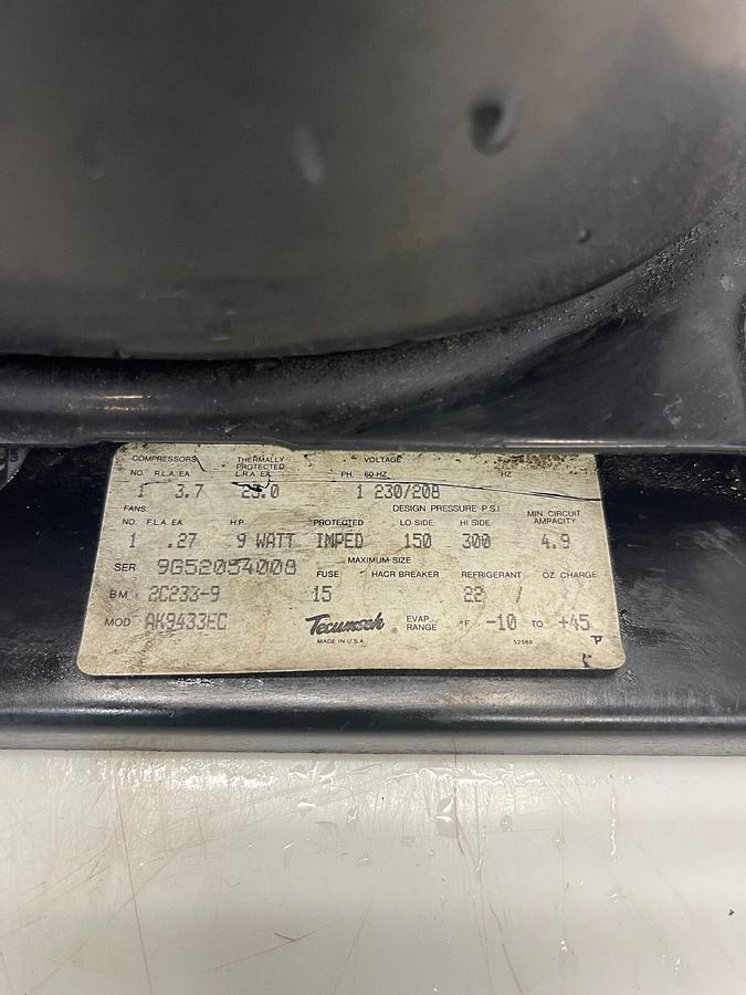 Used Tecumseh AK164ET-038-P2 Reciprocating Condenser Unit, MOD AK9433EC, 230/208V