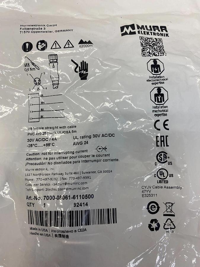 Used Murr Elektronik 7000-08061-6110500 M8 Female Straight with Cable - Lot of 2