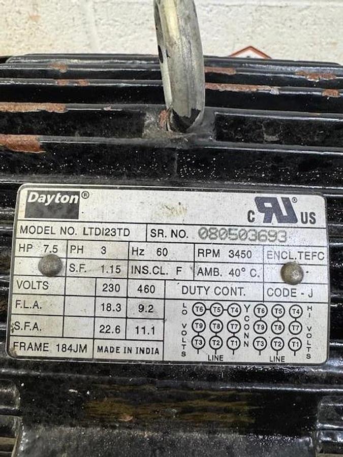 Used Dayton LTDI23TD 7.5Hp Motor @ 3450 RPM
