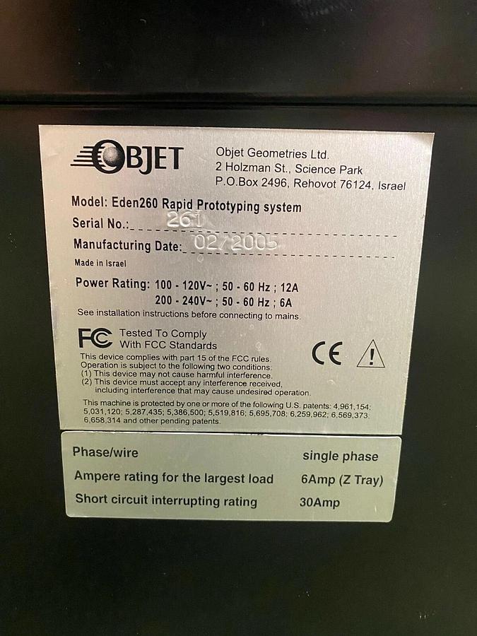 Used Stratasys Objet Eden260, 3D Printer, Rapid Prototyping System