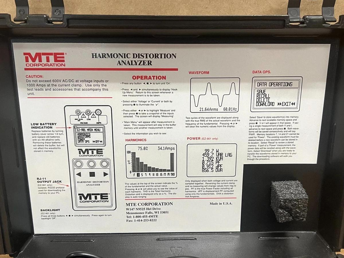 Used MTE Corperation EZ-901 Harmonic Distortion Analyzer 600V AC/DC Max