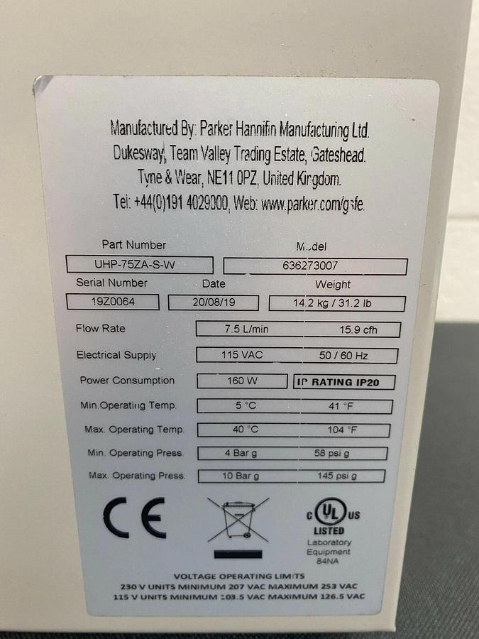 Used Parker Domnick Hunter UHP-75ZA-S-W Zero Air Generator with Manual