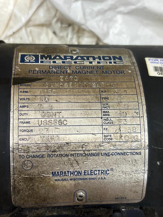 Used Marathon Electric BVM56E17F1007-G Direct Current Perm Magnet Motor 90V 1750RPM