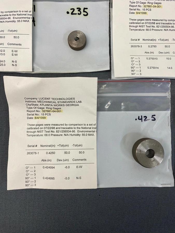 Used Ring Gage Carbide Go No Go LOT of 5 w/ Calibration Paperwork