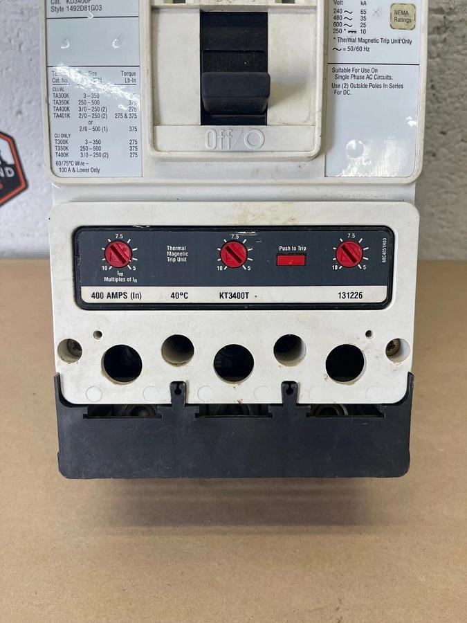 Used Eaton KD3400F Industrial Circuit Breaker, 3-Pole, 400A Max, 600V
