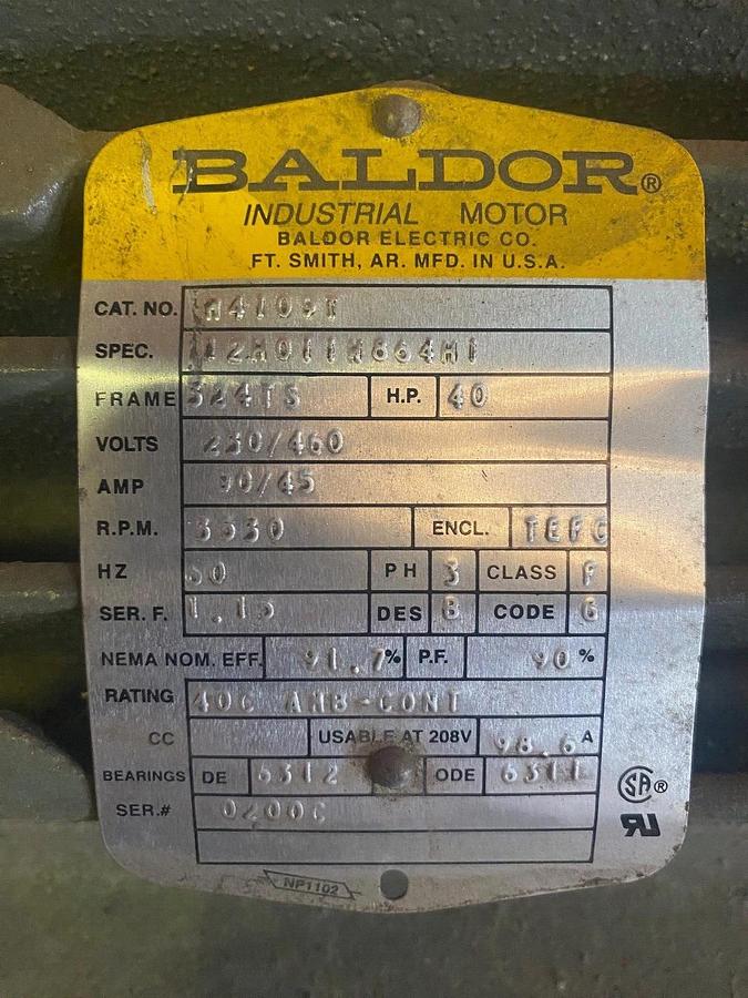 Used Baldor M4109T, 3 Phase Motor, 40 HP, 3520 RPM, 324TS Frame