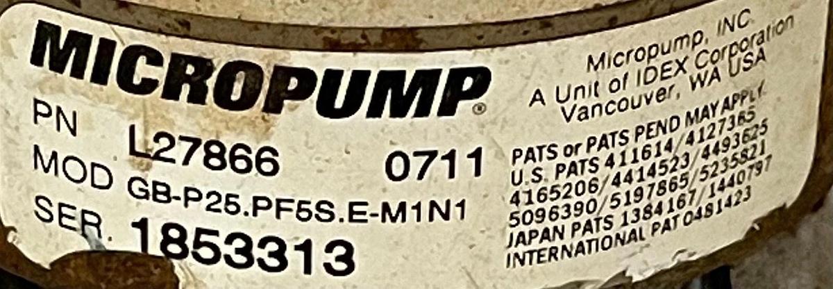 Used Micropump GB-P25.PF5S.E-M1N1 Magnetic Drive Gear Pump, Gear Head Only