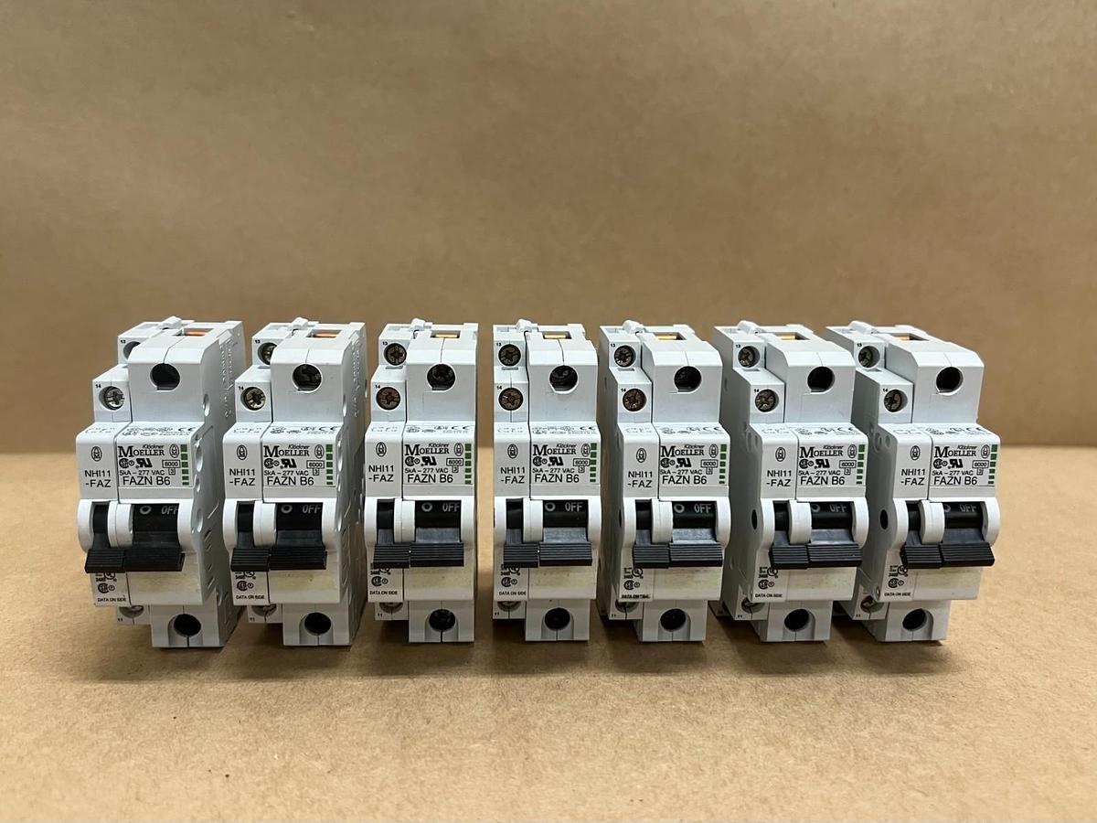 Used Moeller FAZN B6 6A Miniature Circuit Breaker w/ Aux. Contact Block - Lot of 7