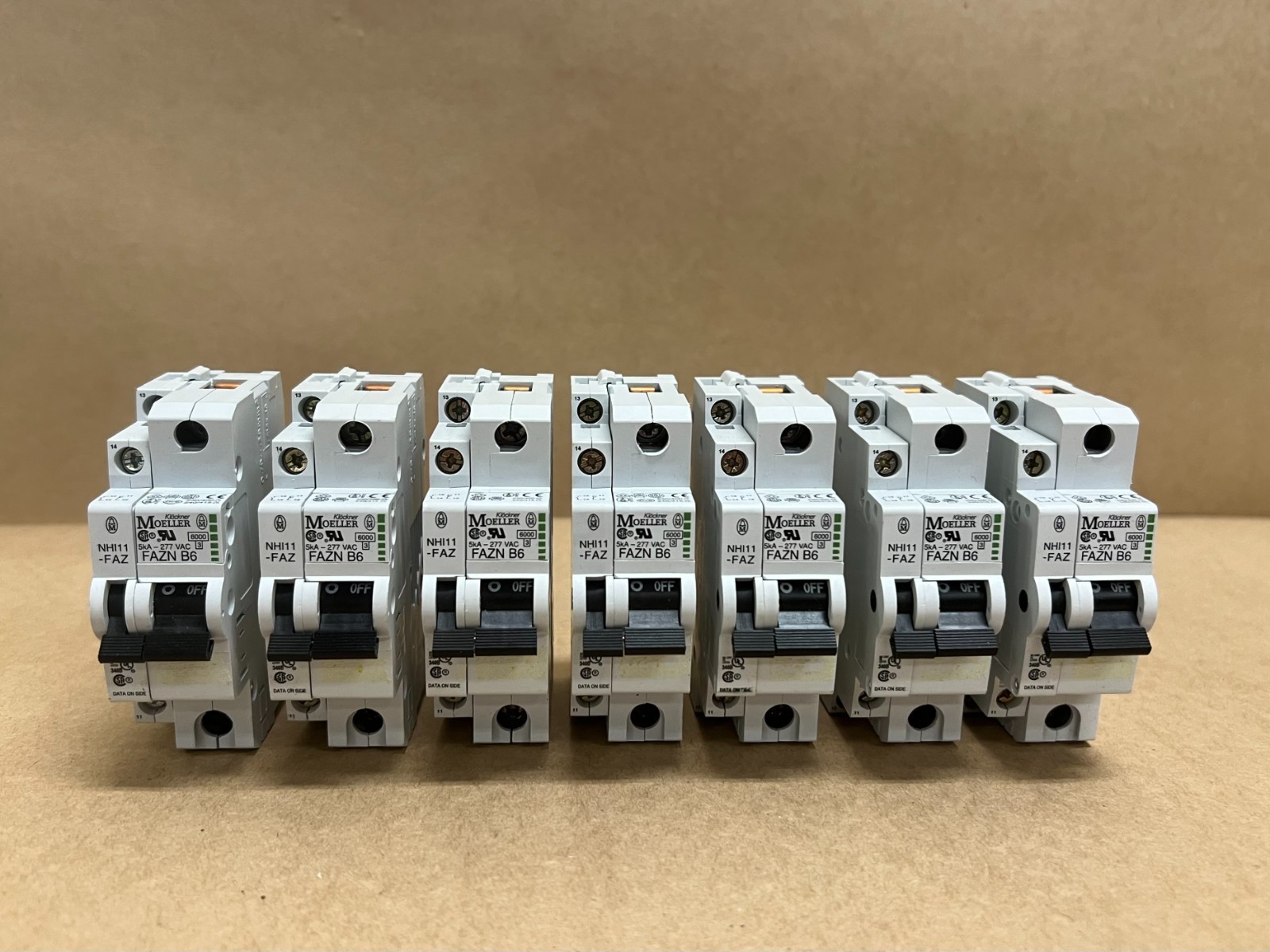 Used Moeller FAZN B6 6A Miniature Circuit Breaker w/ Aux. Contact Block - Lot of 7