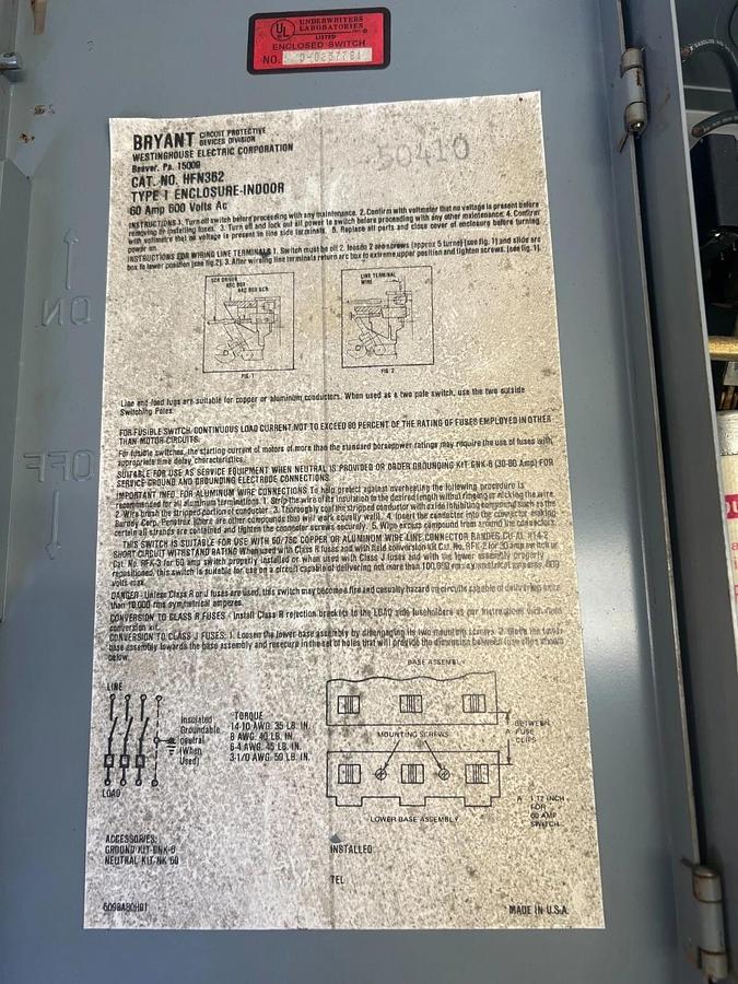 Used Westinghouse HFN362 600V, 60A Heavy Duty Safety Switch