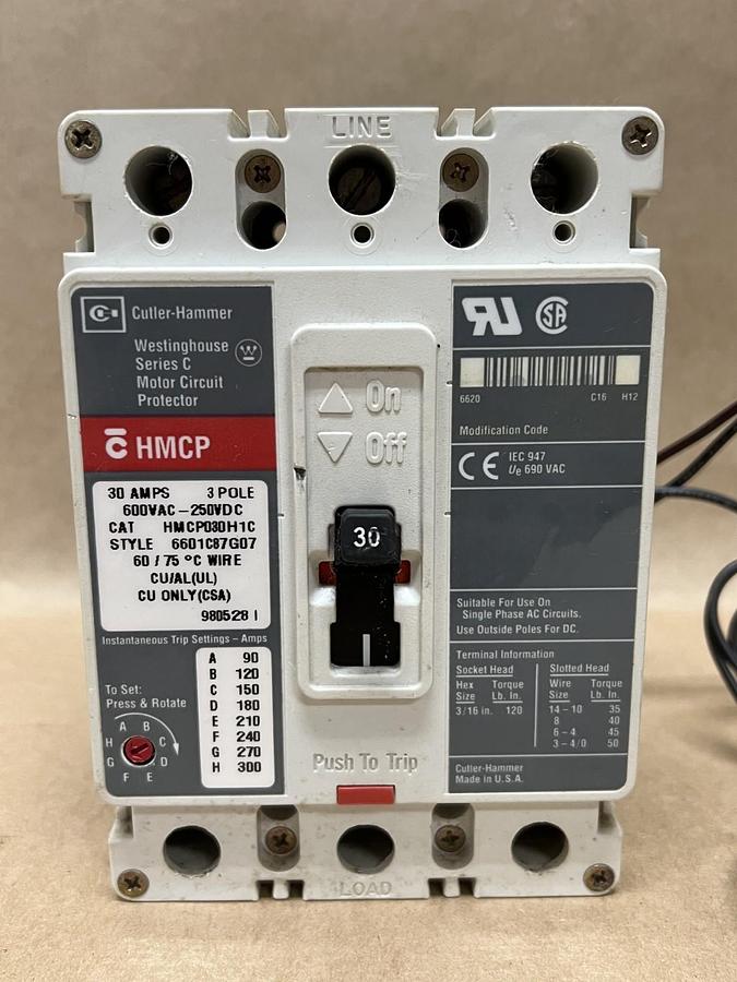 Used Cutler-Hammer/Westinghouse HMCP030H1C 30A 3Pole Ser C Motor Circuit Protector