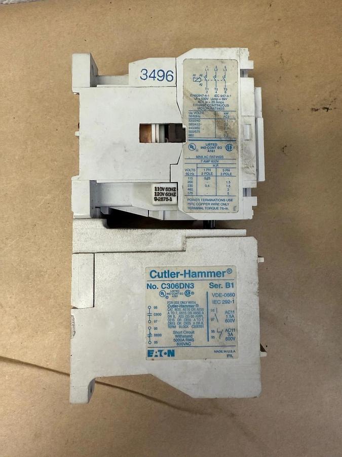 Used Eaton/Cutler-Hammer AE16AN0 Ser A1 Contactor, w/ C306DN3 Ser B1 Overload Relay